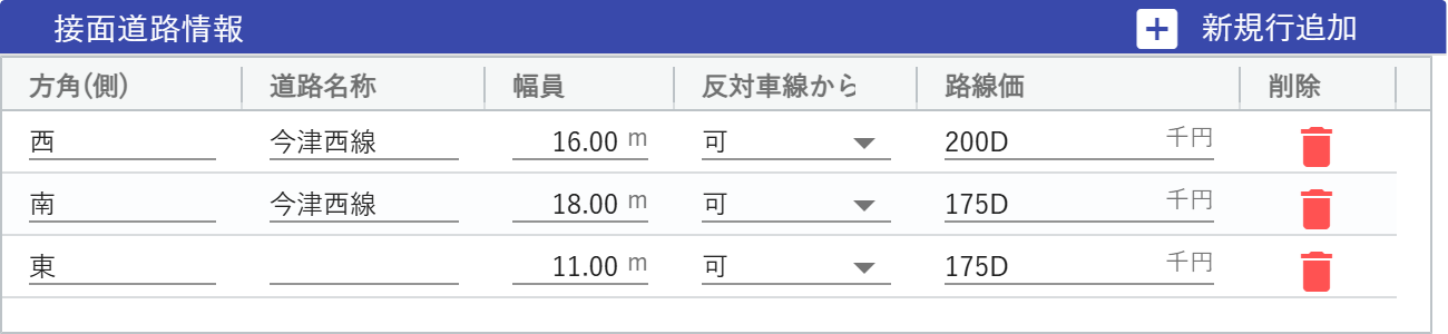 接面道路情報の入力画面